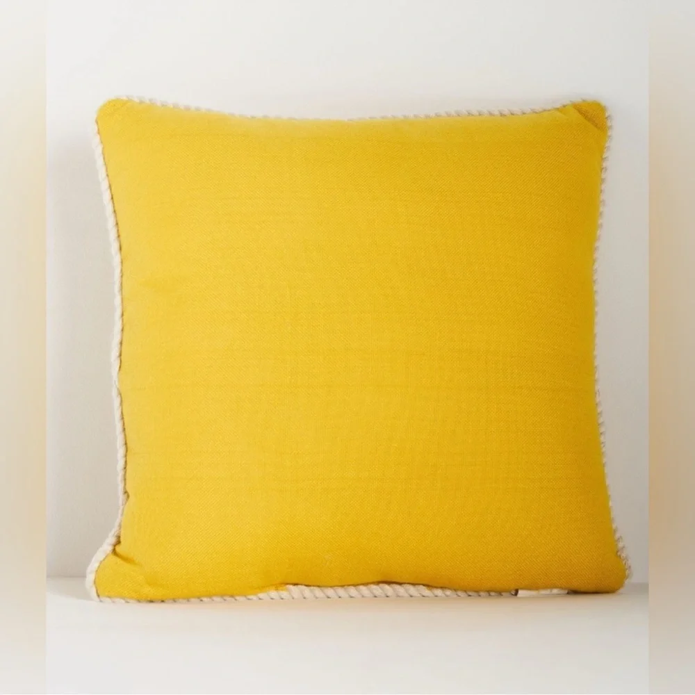 Anthropologie Greek Key Embroidered Indoor/ Outdoor Pillow, Yellow NWT